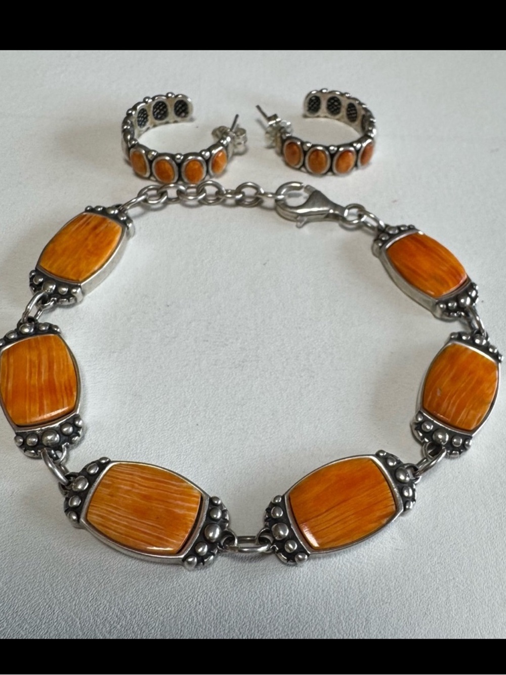 Navajo Spiny Oyster Bracelet & Hoops Sterling Silver Signed Waldeck Johnson Set